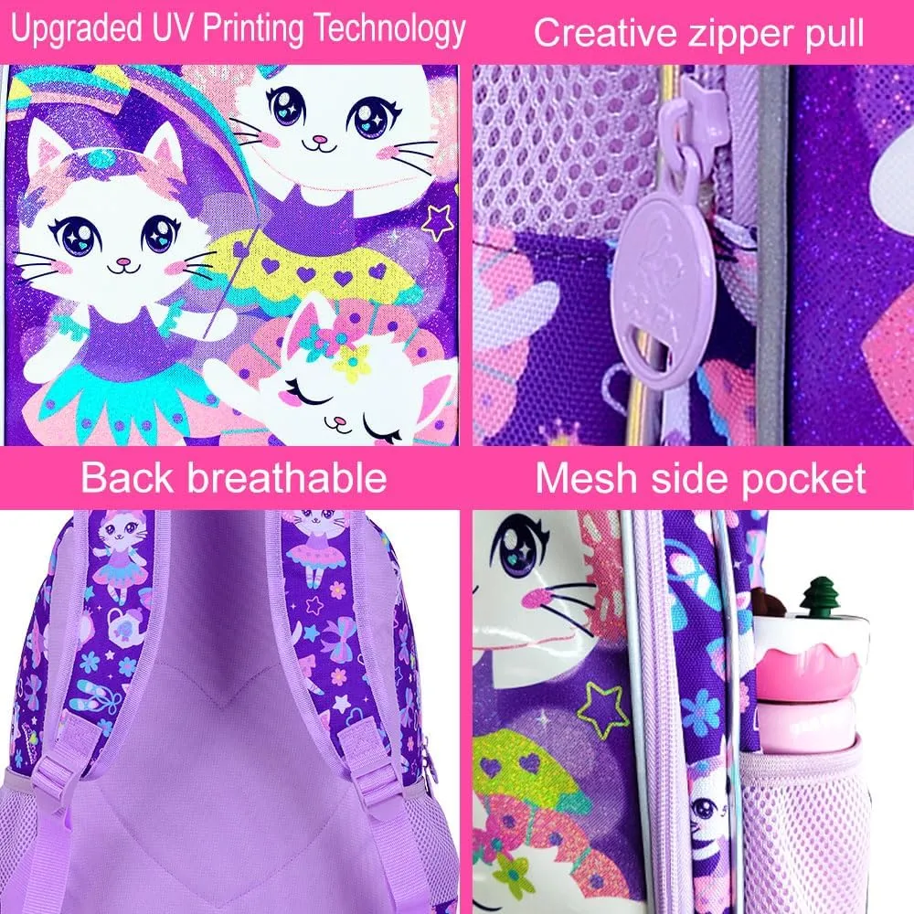 KLFVB 3PCS Girls Cat Backpack, Water Resistant Kids Bookbag with Lunch Box, 16" Preschool Backpacks for Elementary - Purple Cat