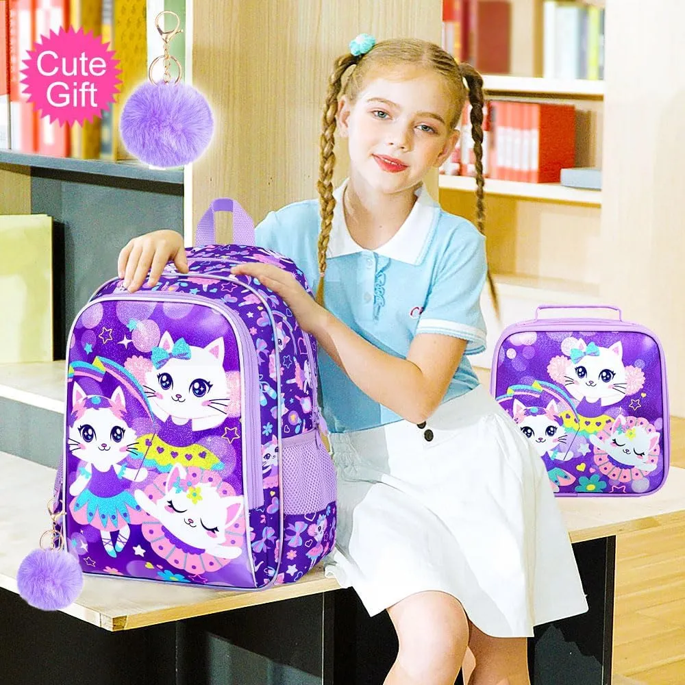 KLFVB 3PCS Girls Cat Backpack, Water Resistant Kids Bookbag with Lunch Box, 16" Preschool Backpacks for Elementary - Purple Cat