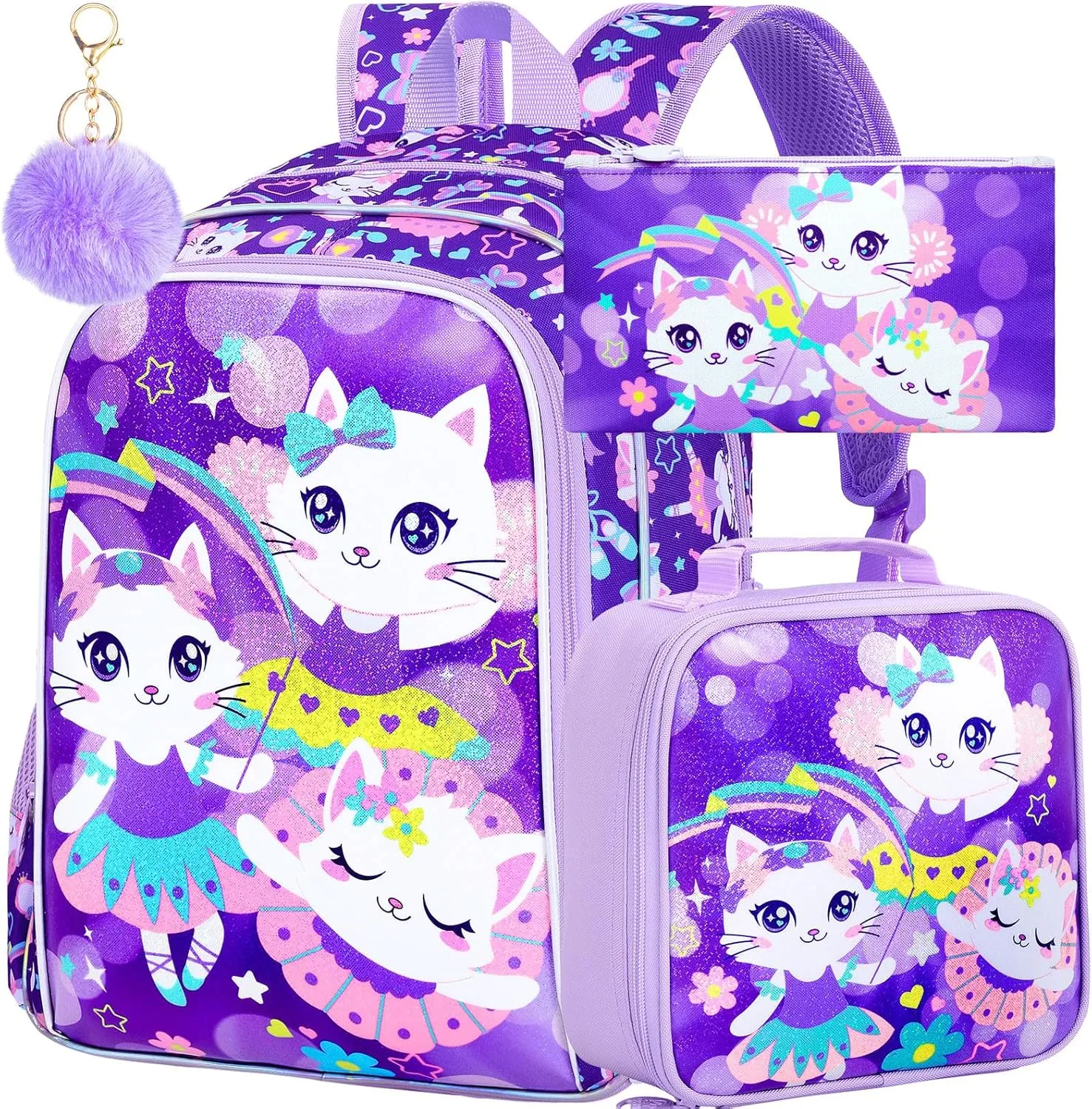 KLFVB 3PCS Girls Cat Backpack, Water Resistant Kids Bookbag with Lunch Box, 16" Preschool Backpacks for Elementary - Purple Cat
