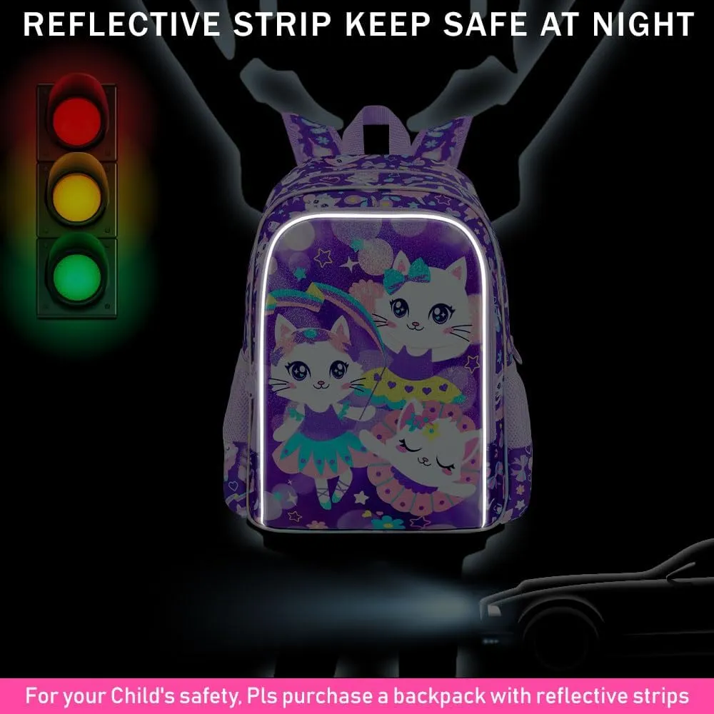 KLFVB 3PCS Girls Cat Backpack, Water Resistant Kids Bookbag with Lunch Box, 16" Preschool Backpacks for Elementary - Purple Cat