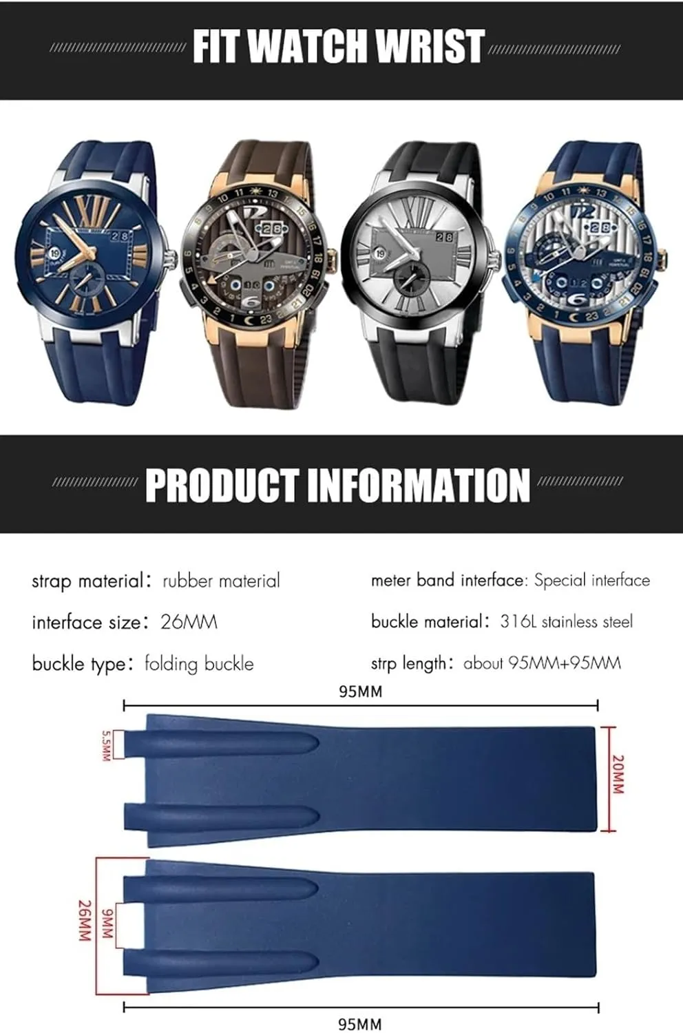 KLVN Convex Silicone Rubber Watch Strap 26mm Fit for Athens Ulysse Nardin Watchband Folding Buckle Men Sports Waterproof Bracelets