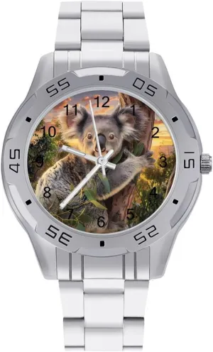 Koala Sitting in Tree Under Sunset Simple Stainless Steel Band Business Watch Dress Wrist Unique Luxury Work Casual Waterproof Watches