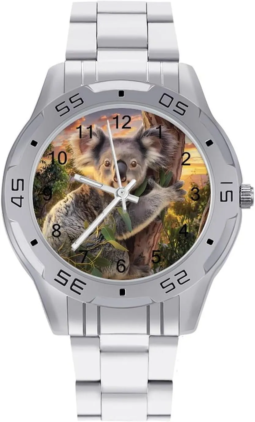 Koala Sitting in Tree Under Sunset Simple Stainless Steel Band Business Watch Dress Wrist Unique Luxury Work Casual Waterproof Watches