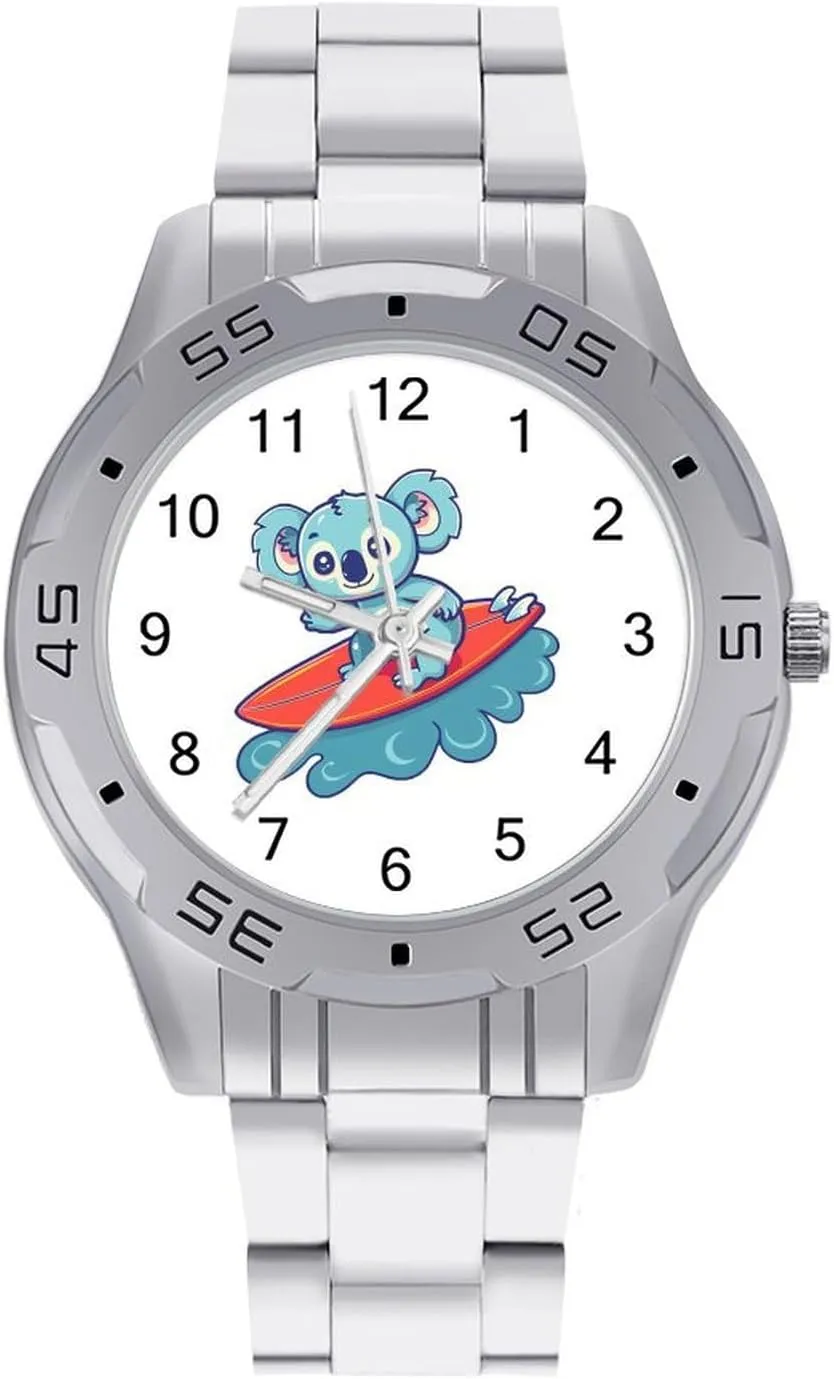 Koala Surfing on Waves Simple Stainless Steel Band Business Watch Dress Wrist Unique Luxury Work Casual Waterproof Watches