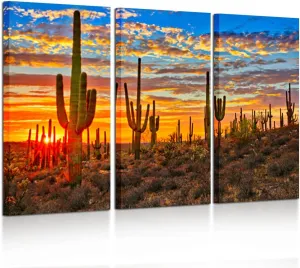 KREATIVE ARTS Large 3 Piece Canvas Wall Art Beautiful Sunset Landscape of National Park Arizona Sonoran Desert Cactus Pictures Stretched for Home Office Decor 16x32inchx3pcs