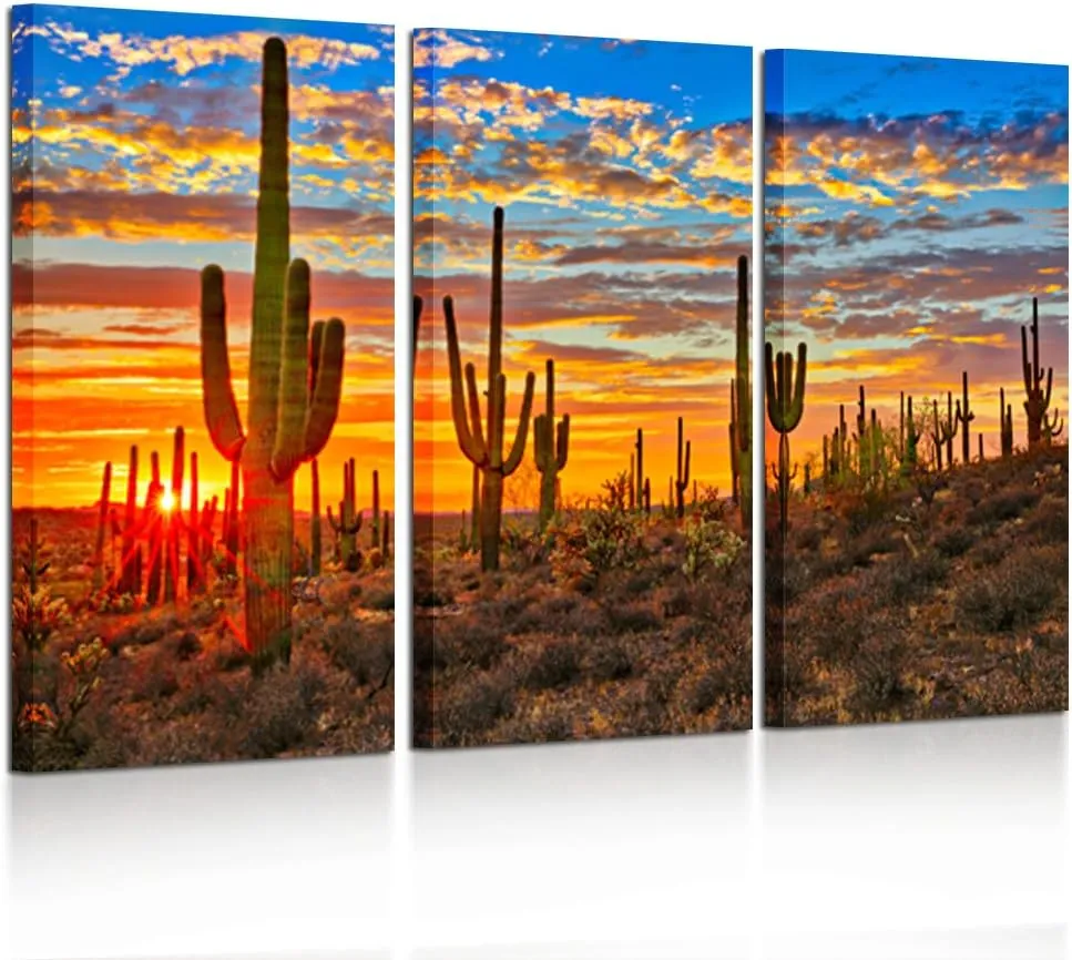 KREATIVE ARTS Large 3 Piece Canvas Wall Art Beautiful Sunset Landscape of National Park Arizona Sonoran Desert Cactus Pictures Stretched for Home Office Decor 16x32inchx3pcs