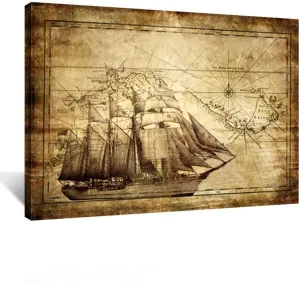 KREATIVE ARTS Large Old World Map Sailing Map Painting Canvas Print Nautical Wall Art Prints Ready to Hang 40x30inch
