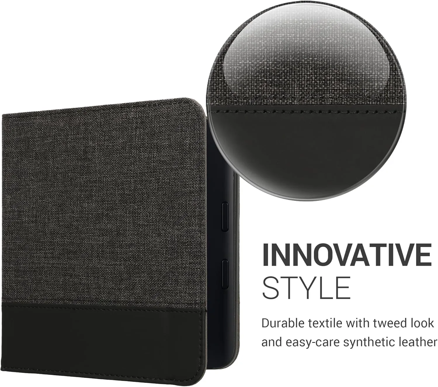 kwmobile Case Compatible with Kobo Libra Colour - PU Leather and Canvas e-Reader Cover - Anthracite/Black