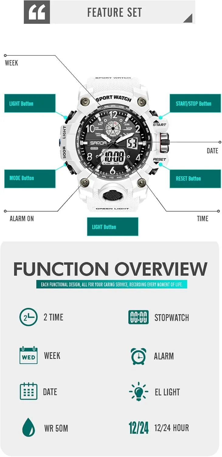 KXAITO Men's Watches Sports Outdoor Waterproof Military Wrist Watch Date Multi Function Tactics LED Alarm Stopwatch