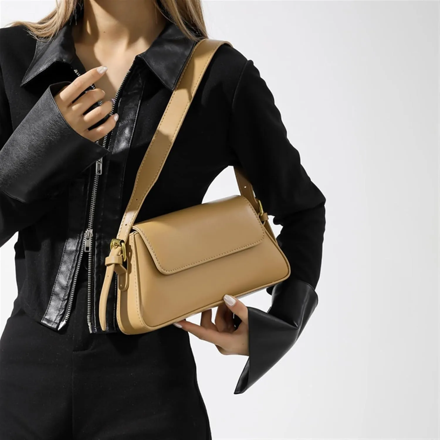 Ladies shoulder underarm bag small square bag(Beige)
