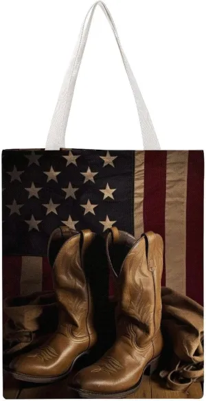 Large Canvas Shopping Bag,American Flag with Cowboy Boots Print Cotton Tote Bag,practical Large Capacity Tote Bag,ladies Tote Bag