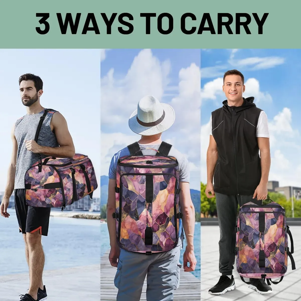 Large Carry on Backpack for Women Men Multi-function Gym Duffle Bag Beautiful Marble Pattern Backpack Polyester Waterproof Duffel Bags