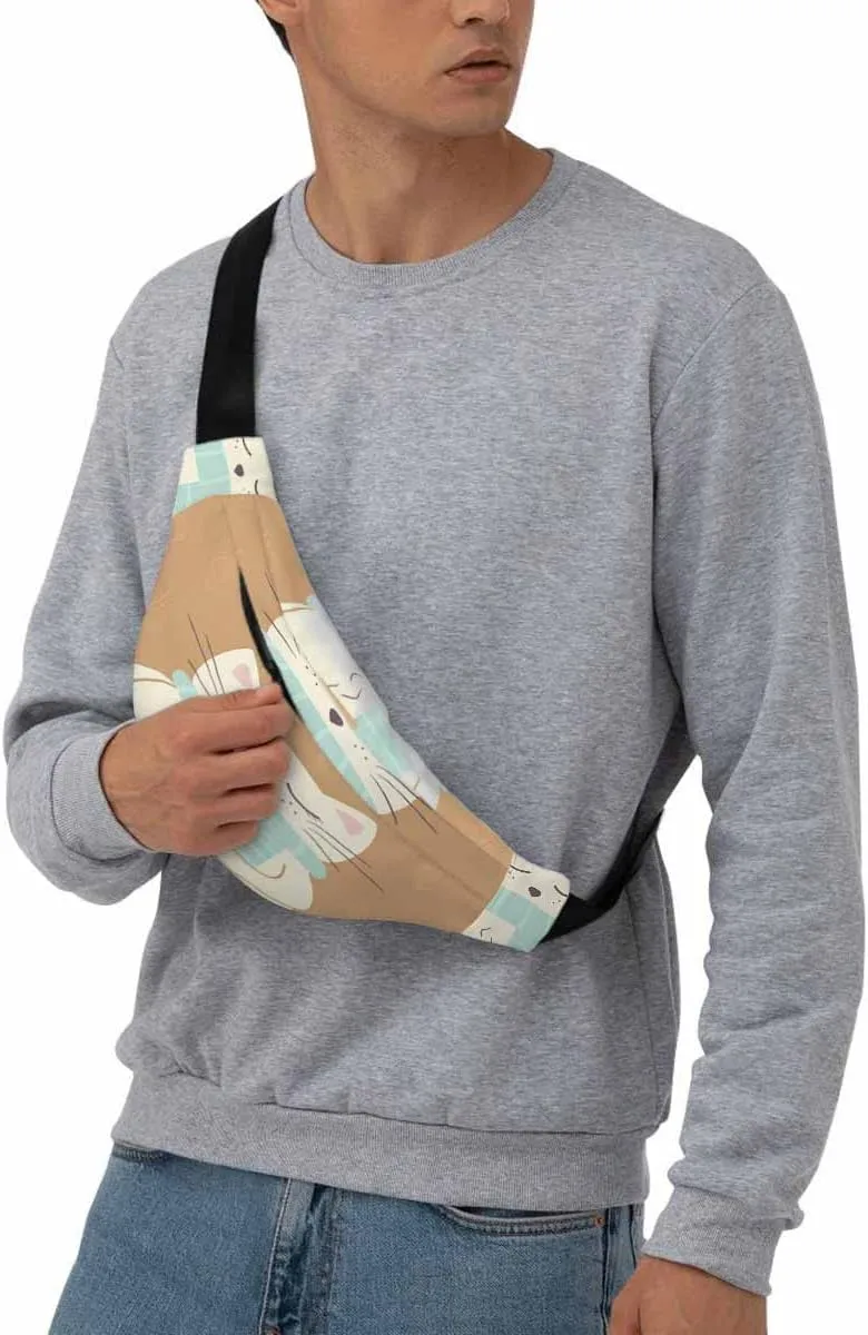 Large Crossbody Bag Waistpack Cute Cat Hand Warm Tea Cup Blue Striped Scarf Leisure Sports Fanny Pack Zipper Bag for Running, Travel