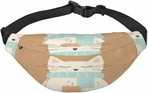 Large Crossbody Bag Waistpack Cute Cat Hand Warm Tea Cup Blue Striped Scarf Leisure Sports Fanny Pack Zipper Bag for Running, Travel