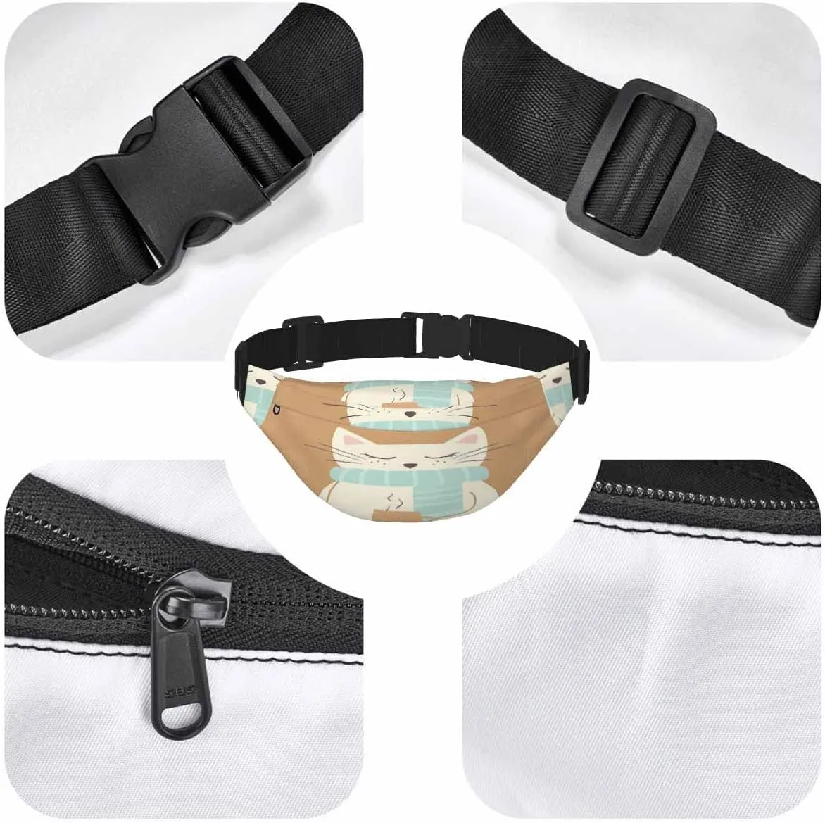 Large Crossbody Bag Waistpack Cute Cat Hand Warm Tea Cup Blue Striped Scarf Leisure Sports Fanny Pack Zipper Bag for Running, Travel