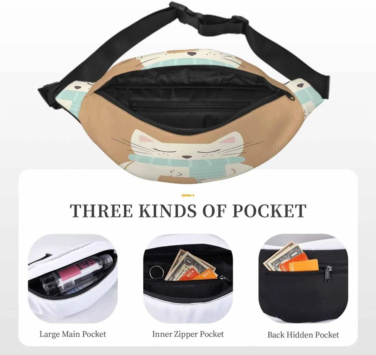 Large Crossbody Bag Waistpack Cute Cat Hand Warm Tea Cup Blue Striped Scarf Leisure Sports Fanny Pack Zipper Bag for Running, Travel