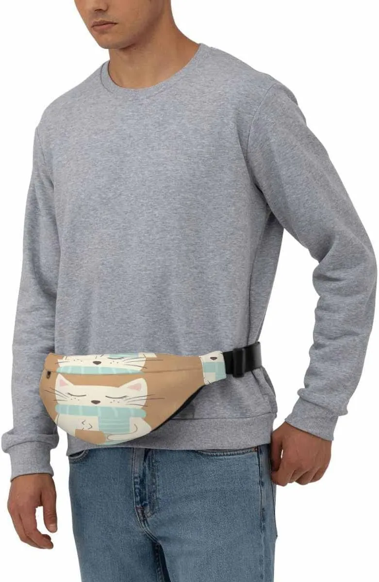Large Crossbody Bag Waistpack Cute Cat Hand Warm Tea Cup Blue Striped Scarf Leisure Sports Fanny Pack Zipper Bag for Running, Travel