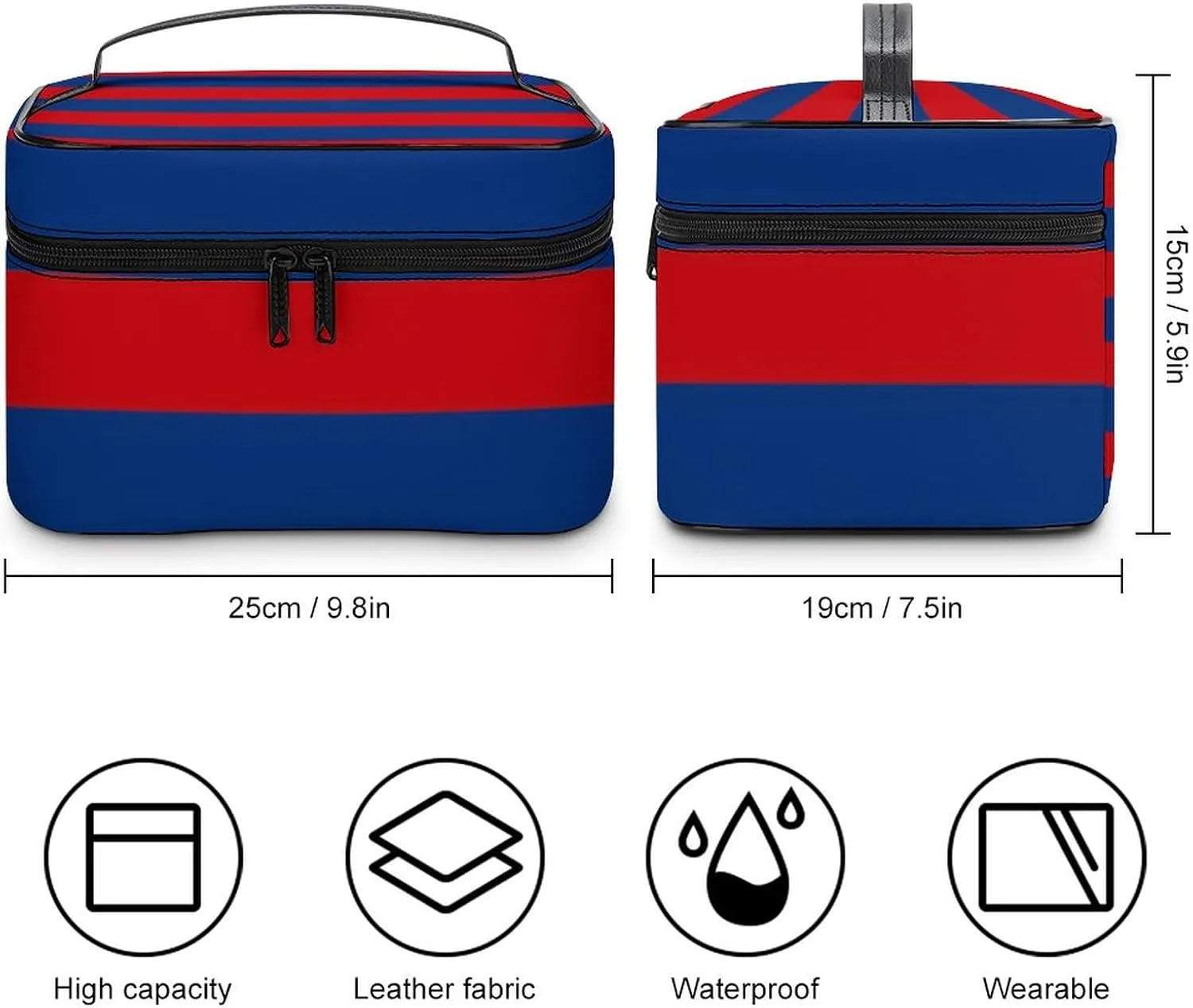 Large Red and Blue Horizontal Stripes Cosmetic Bag, Travel Portable Makeup Bag for Purse Pouch Beauty Zipper Organizer Toiletry Bag for Women