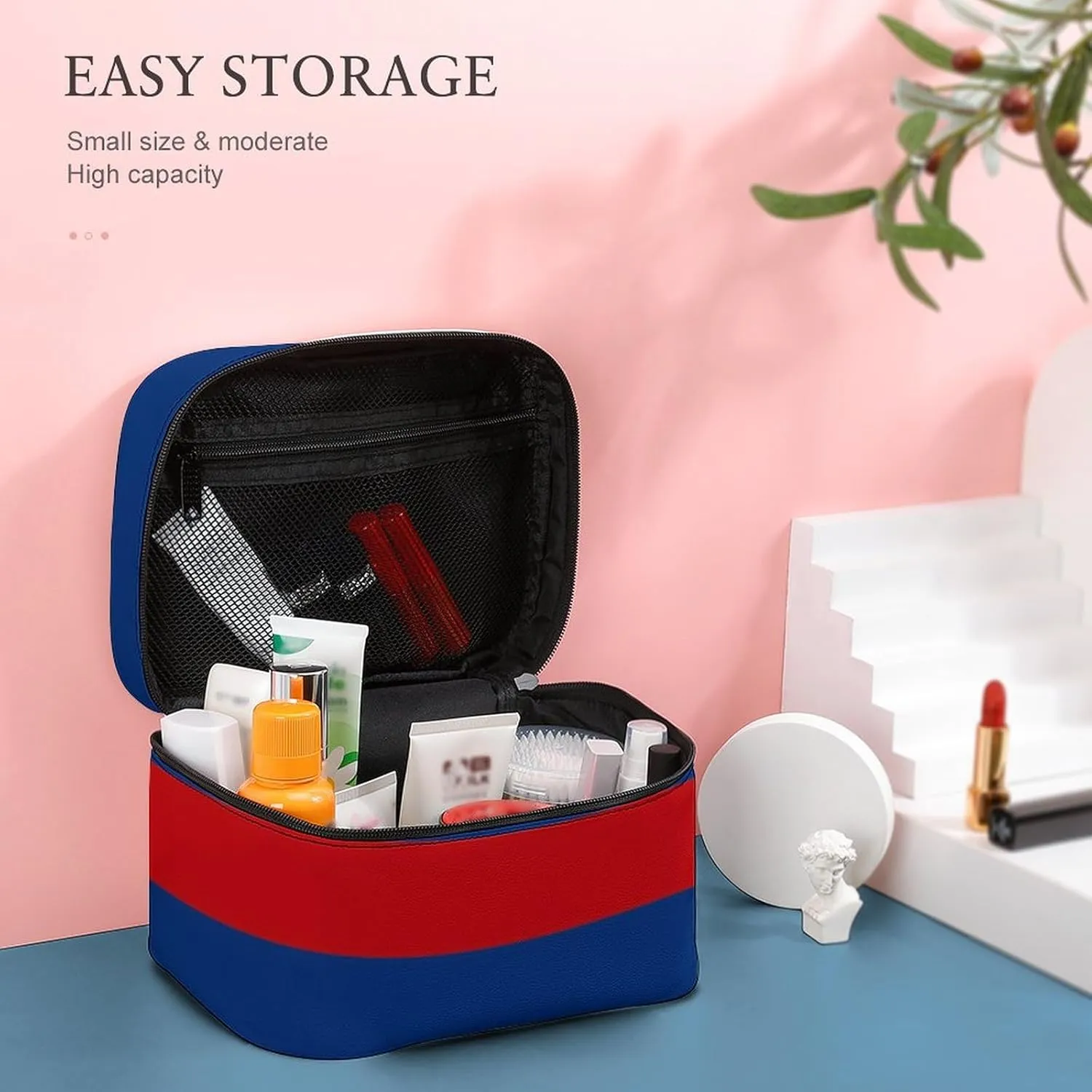 Large Red and Blue Horizontal Stripes Cosmetic Bag, Travel Portable Makeup Bag for Purse Pouch Beauty Zipper Organizer Toiletry Bag for Women