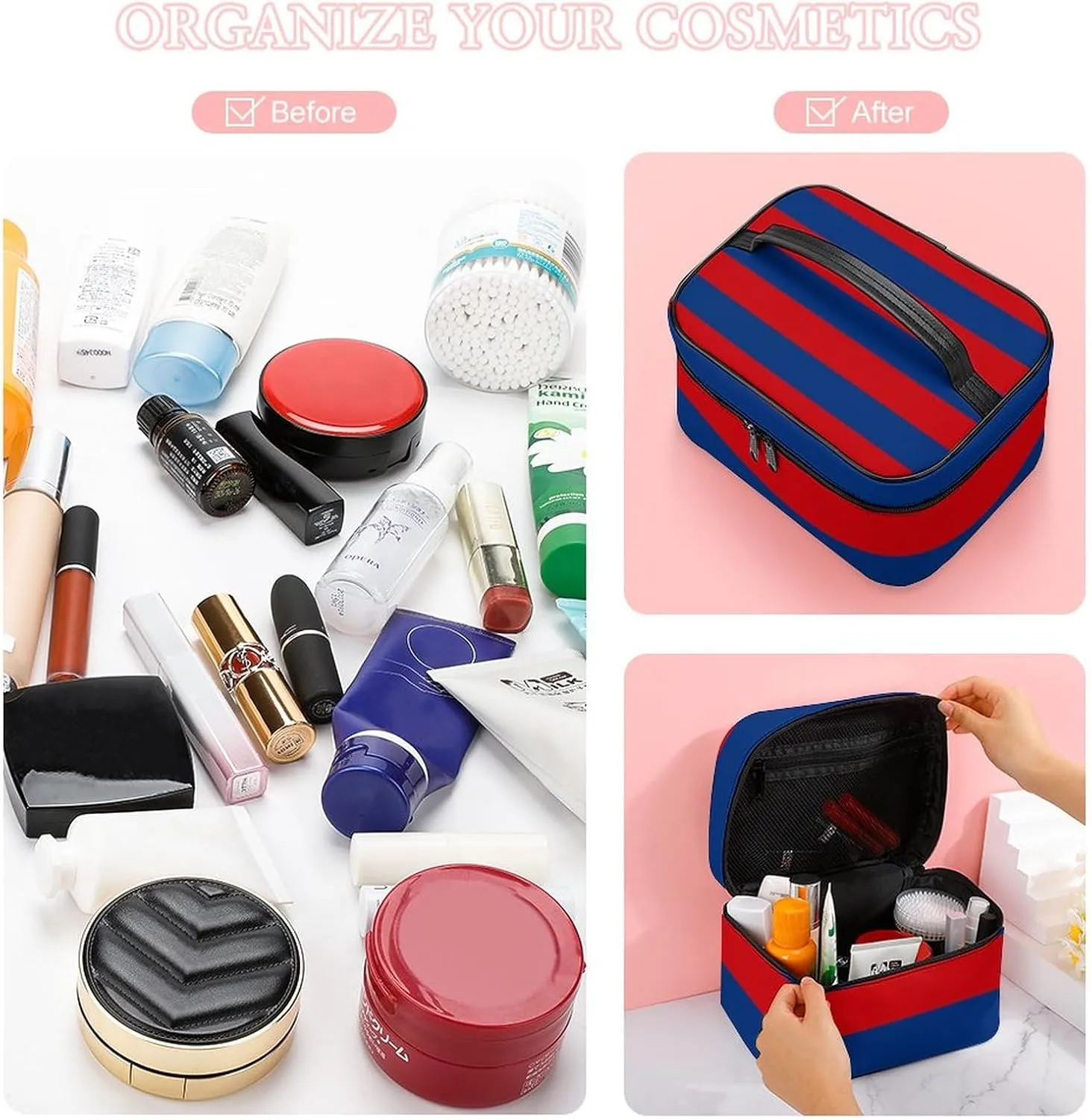Large Red and Blue Horizontal Stripes Cosmetic Bag, Travel Portable Makeup Bag for Purse Pouch Beauty Zipper Organizer Toiletry Bag for Women
