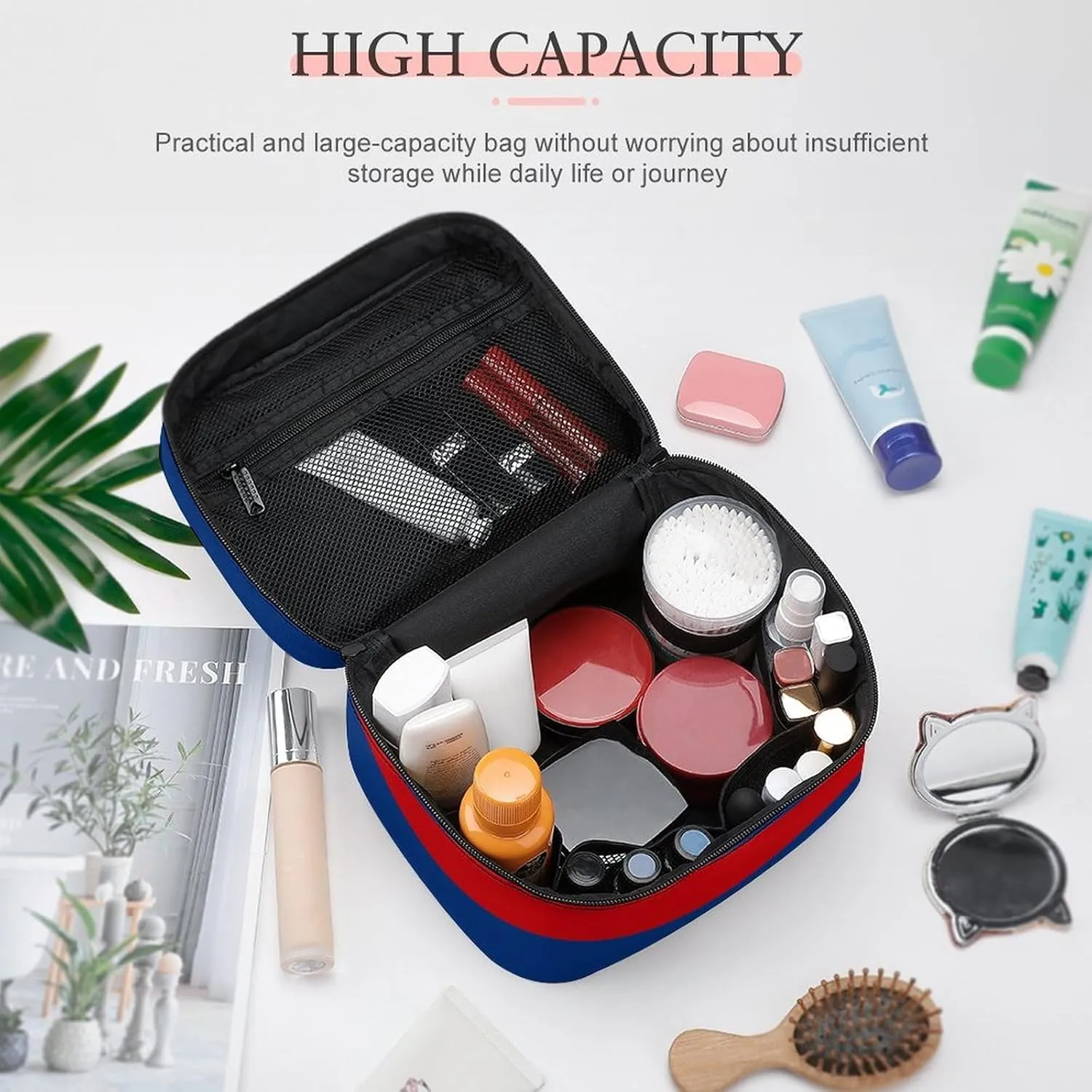 Large Red and Blue Horizontal Stripes Cosmetic Bag, Travel Portable Makeup Bag for Purse Pouch Beauty Zipper Organizer Toiletry Bag for Women