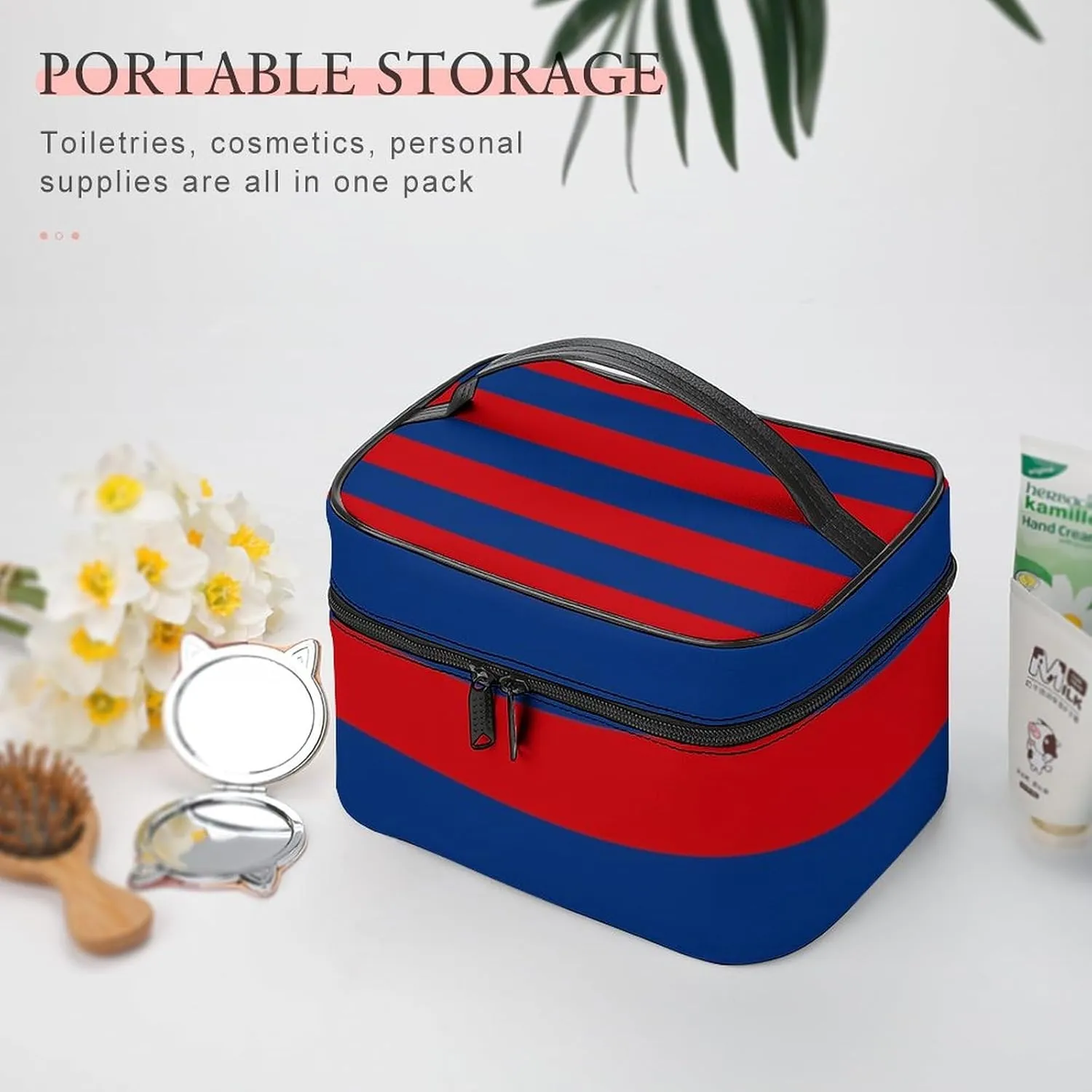 Large Red and Blue Horizontal Stripes Cosmetic Bag, Travel Portable Makeup Bag for Purse Pouch Beauty Zipper Organizer Toiletry Bag for Women