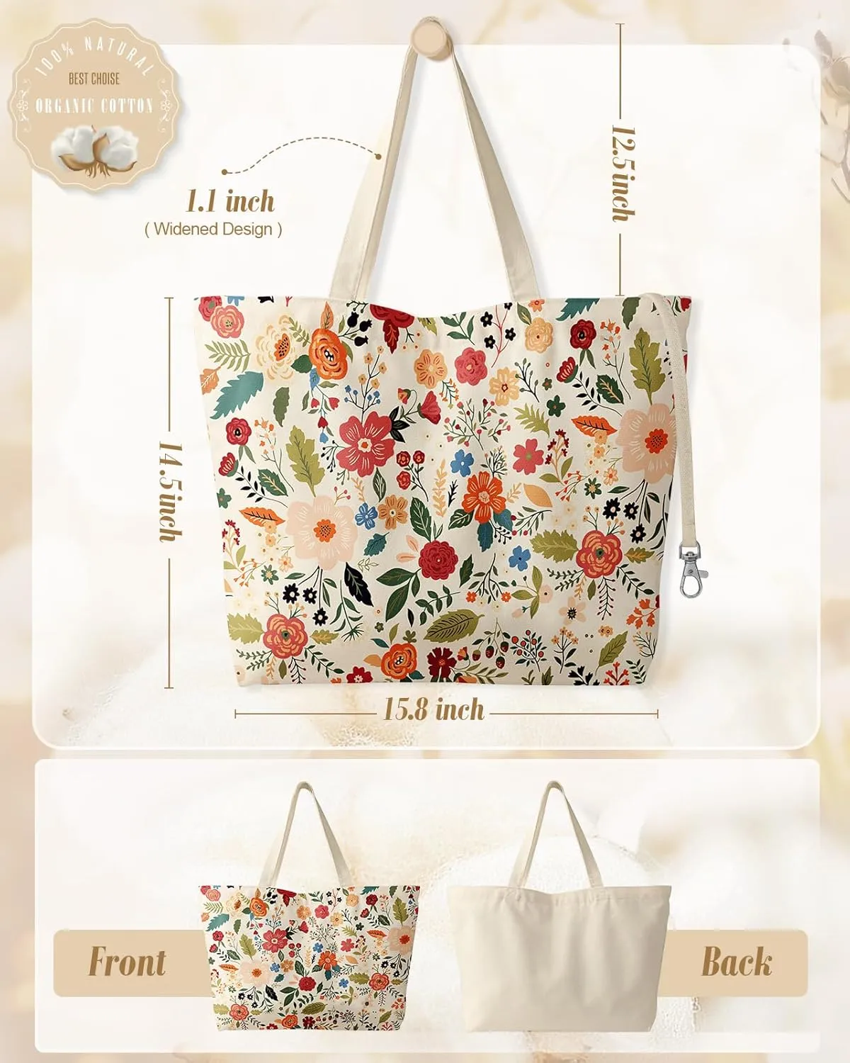 Large Tote Bag for Women - Aesthetic Cute Big Canvas Bags with Zipper Cotton Shoulder Bag for Gym, Travel, Work