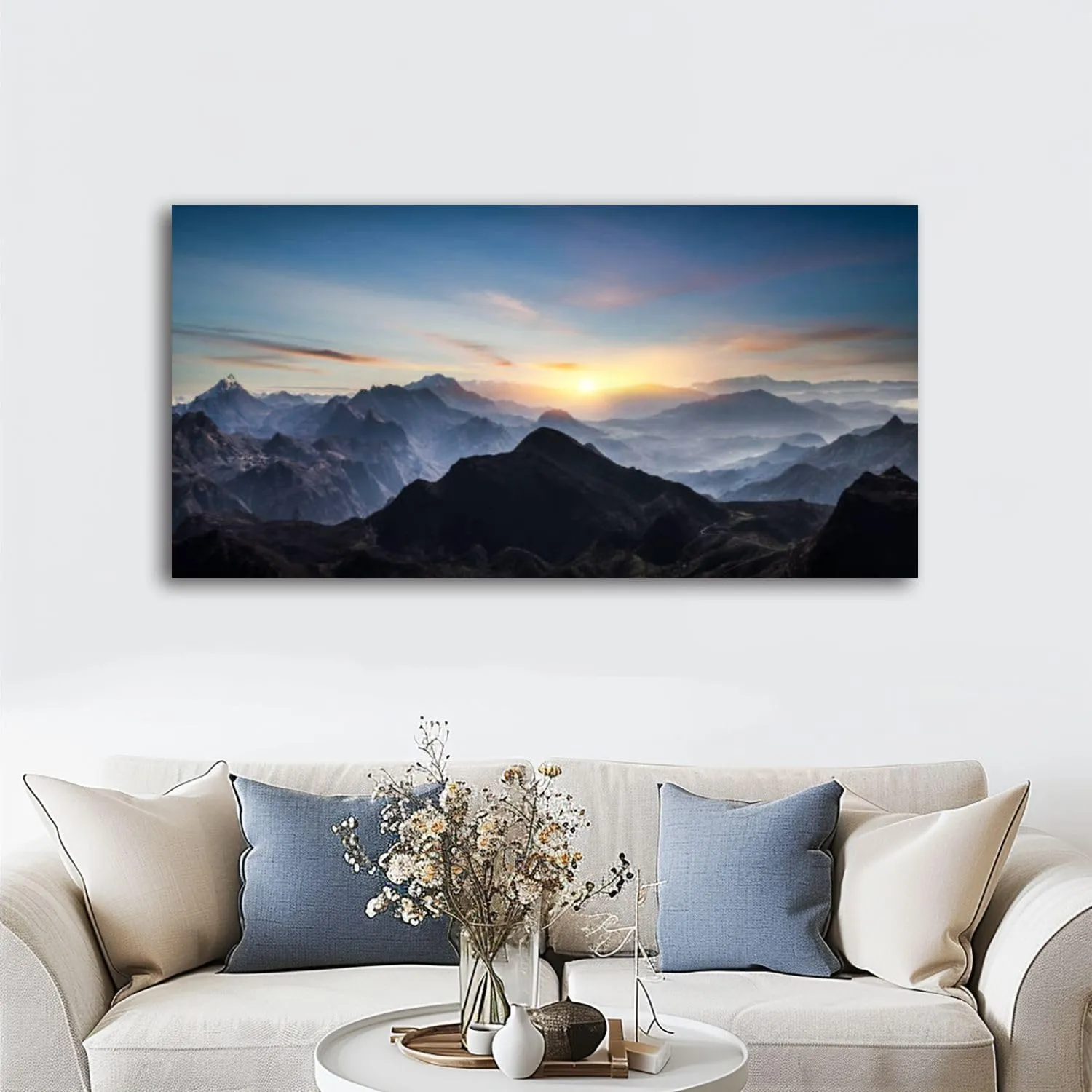 Large Wall Art Prints 20"x40" Aerial view misty mountains sunrise Framed Canvas Wall Art Painting Artwork Poster Picture Wall Decor for Living Room Bedroom Hanging