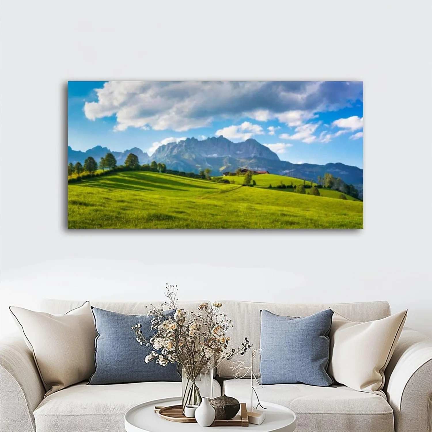 Large Wall Art Prints 20"x40" Idyllic alpine scenery farmhouse front Wilder Kaiser Austria Framed Canvas Wall Art Painting Artwork Poster Picture Wall Decor for Living Room Bedroom Hanging