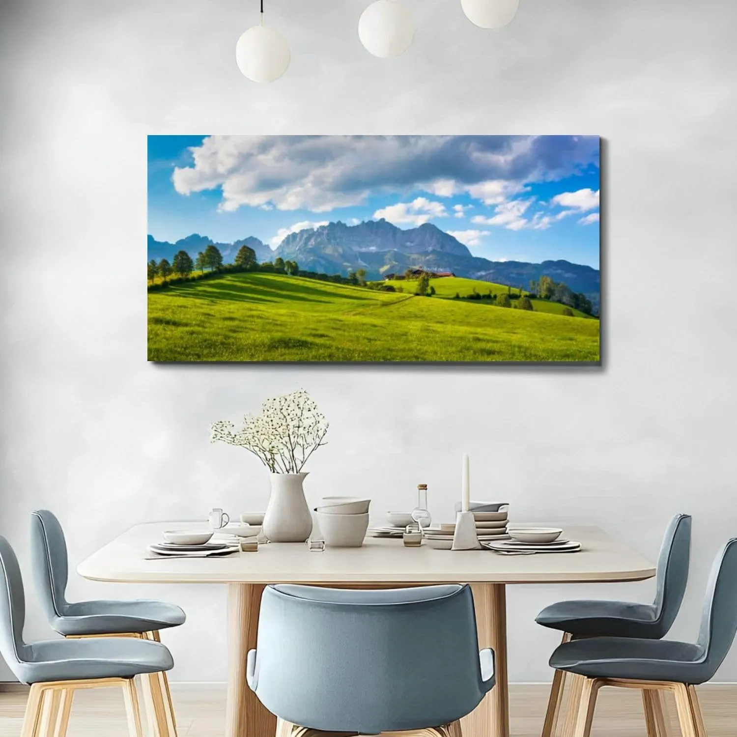 Large Wall Art Prints 20"x40" Idyllic alpine scenery farmhouse front Wilder Kaiser Austria Framed Canvas Wall Art Painting Artwork Poster Picture Wall Decor for Living Room Bedroom Hanging
