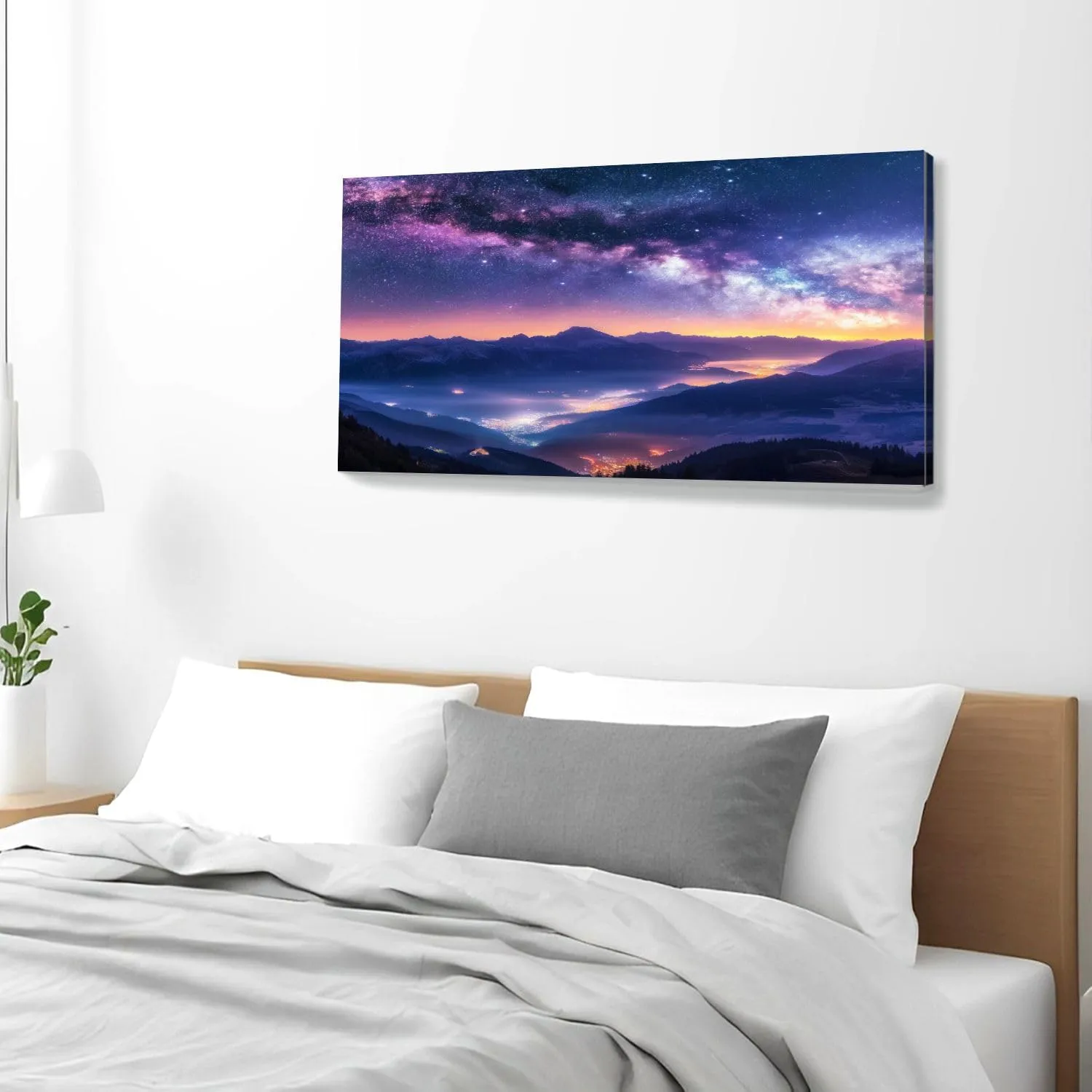 Large Wall Art Prints 20"x40" Milky Way mountains fog summer Landscape alpine mountain valley purple Framed Canvas Wall Art Painting Artwork Poster Picture Wall Decor for Living Room Bedroom Hanging
