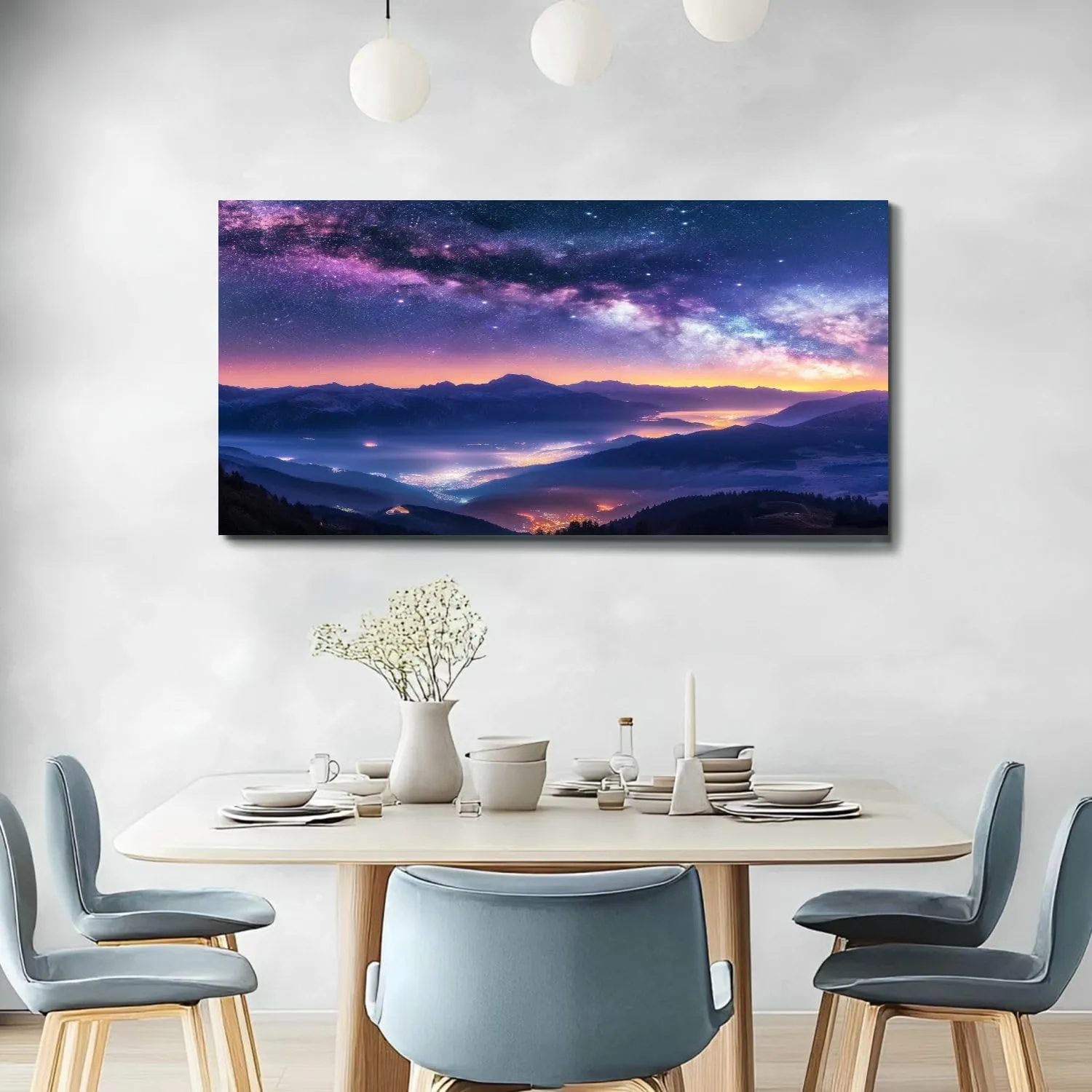 Large Wall Art Prints 20"x40" Milky Way mountains fog summer Landscape alpine mountain valley purple Framed Canvas Wall Art Painting Artwork Poster Picture Wall Decor for Living Room Bedroom Hanging