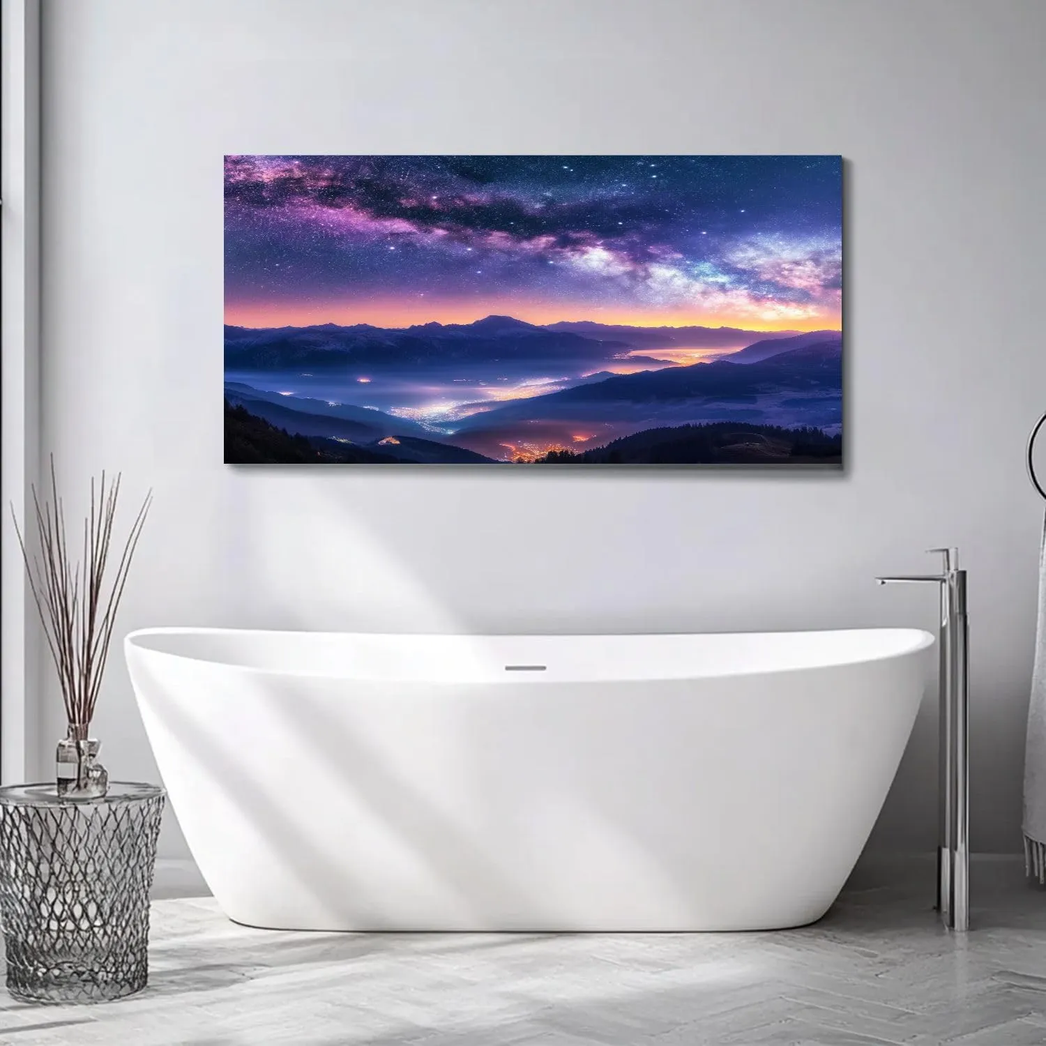Large Wall Art Prints 20"x40" Milky Way mountains fog summer Landscape alpine mountain valley purple Framed Canvas Wall Art Painting Artwork Poster Picture Wall Decor for Living Room Bedroom Hanging