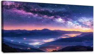 Large Wall Art Prints 20"x40" Milky Way mountains fog summer Landscape alpine mountain valley purple Framed Canvas Wall Art Painting Artwork Poster Picture Wall Decor for Living Room Bedroom Hanging