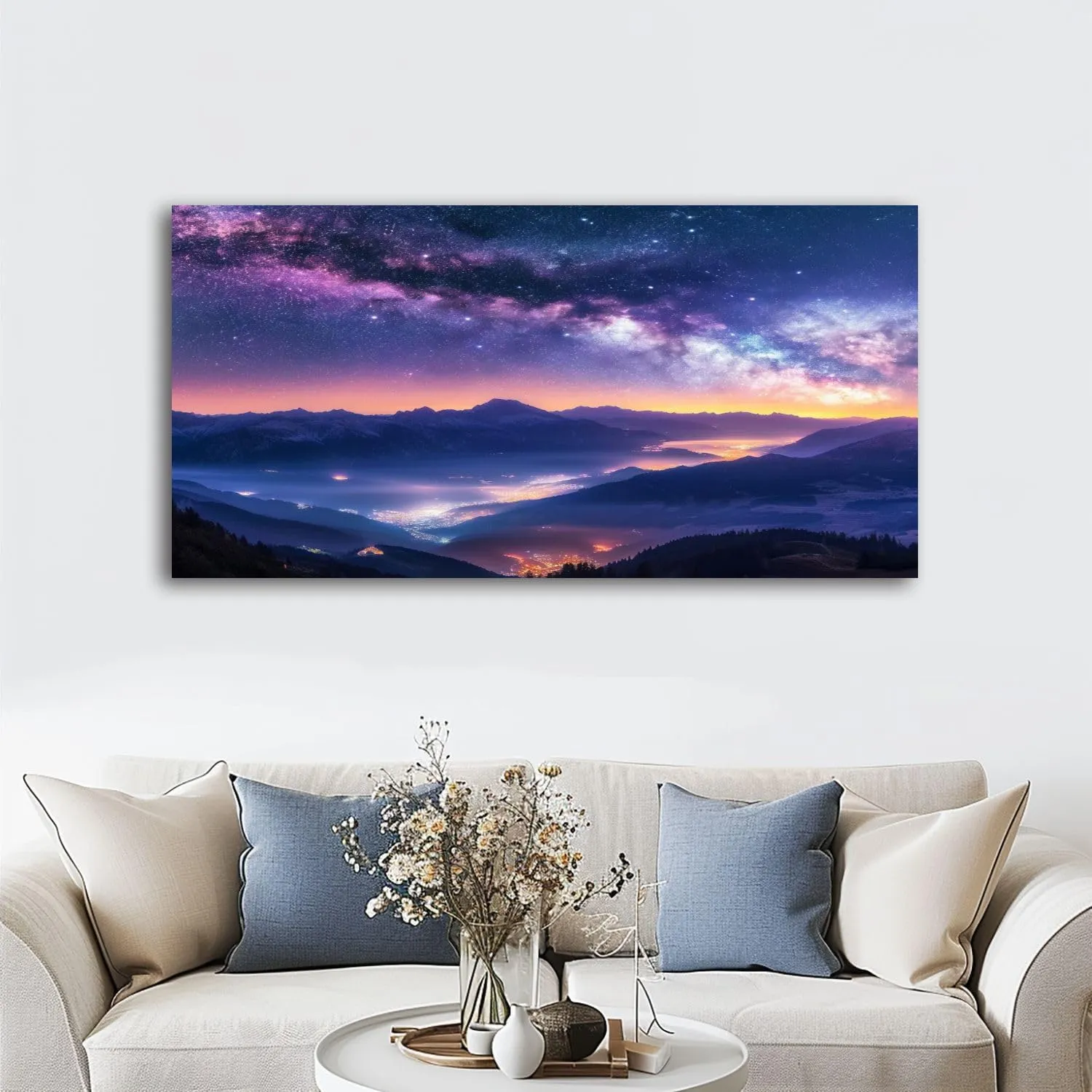 Large Wall Art Prints 20"x40" Milky Way mountains fog summer Landscape alpine mountain valley purple Framed Canvas Wall Art Painting Artwork Poster Picture Wall Decor for Living Room Bedroom Hanging