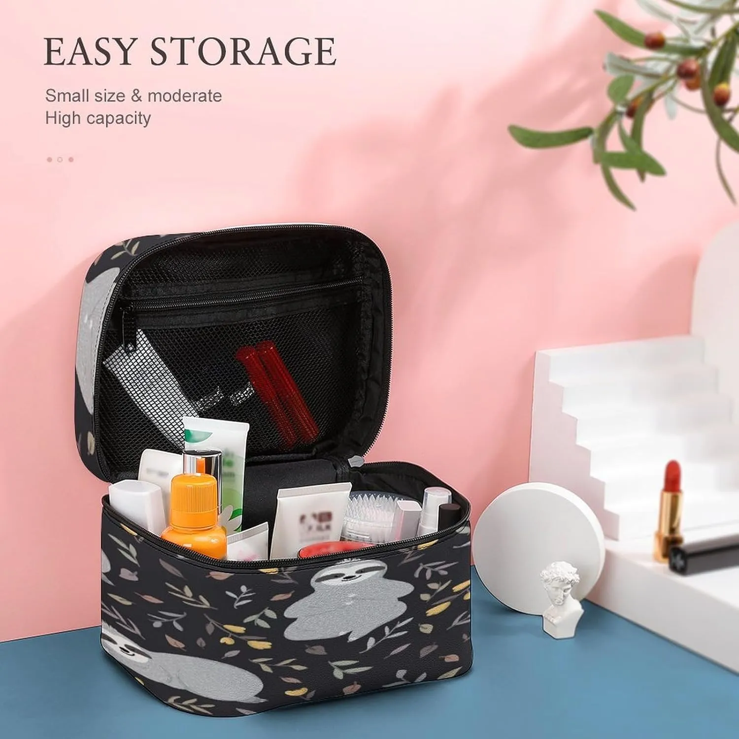 Large Women Wash Bag, Cosmetic Organizer Train Toiletry Storage Case Holder Zipper Makeup Bag Pouch 9.8x7.5x5.9 in Print Grey Sloths Floral Flowers On Black