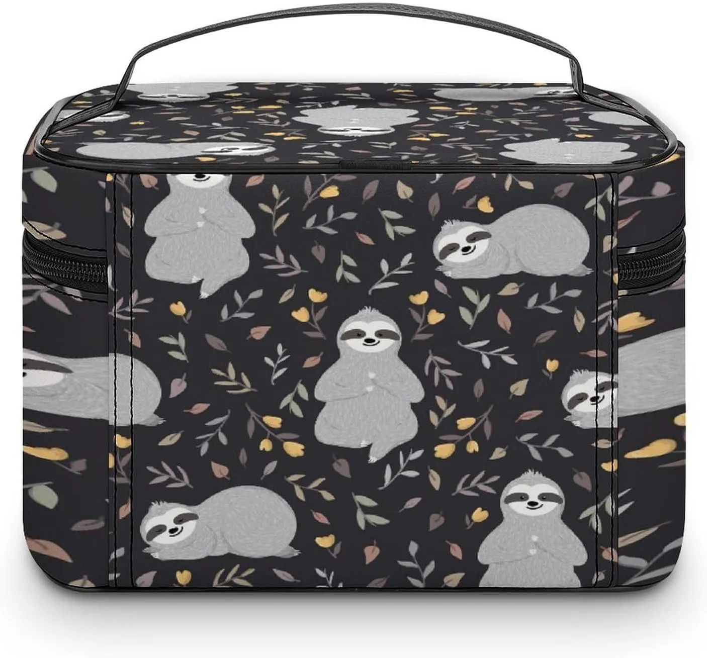 Large Women Wash Bag, Cosmetic Organizer Train Toiletry Storage Case Holder Zipper Makeup Bag Pouch 9.8x7.5x5.9 in Print Grey Sloths Floral Flowers On Black