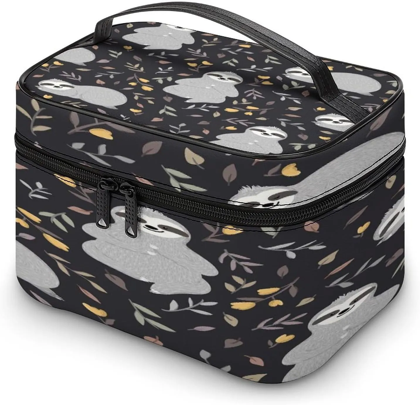 Large Women Wash Bag, Cosmetic Organizer Train Toiletry Storage Case Holder Zipper Makeup Bag Pouch 9.8x7.5x5.9 in Print Grey Sloths Floral Flowers On Black