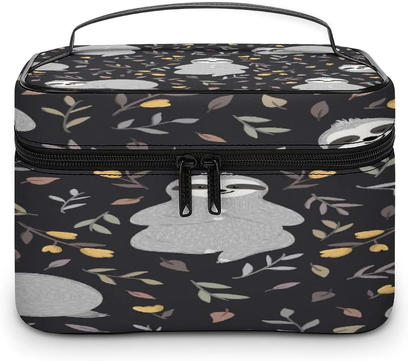 Large Women Wash Bag, Cosmetic Organizer Train Toiletry Storage Case Holder Zipper Makeup Bag Pouch 9.8x7.5x5.9 in Print Grey Sloths Floral Flowers On Black