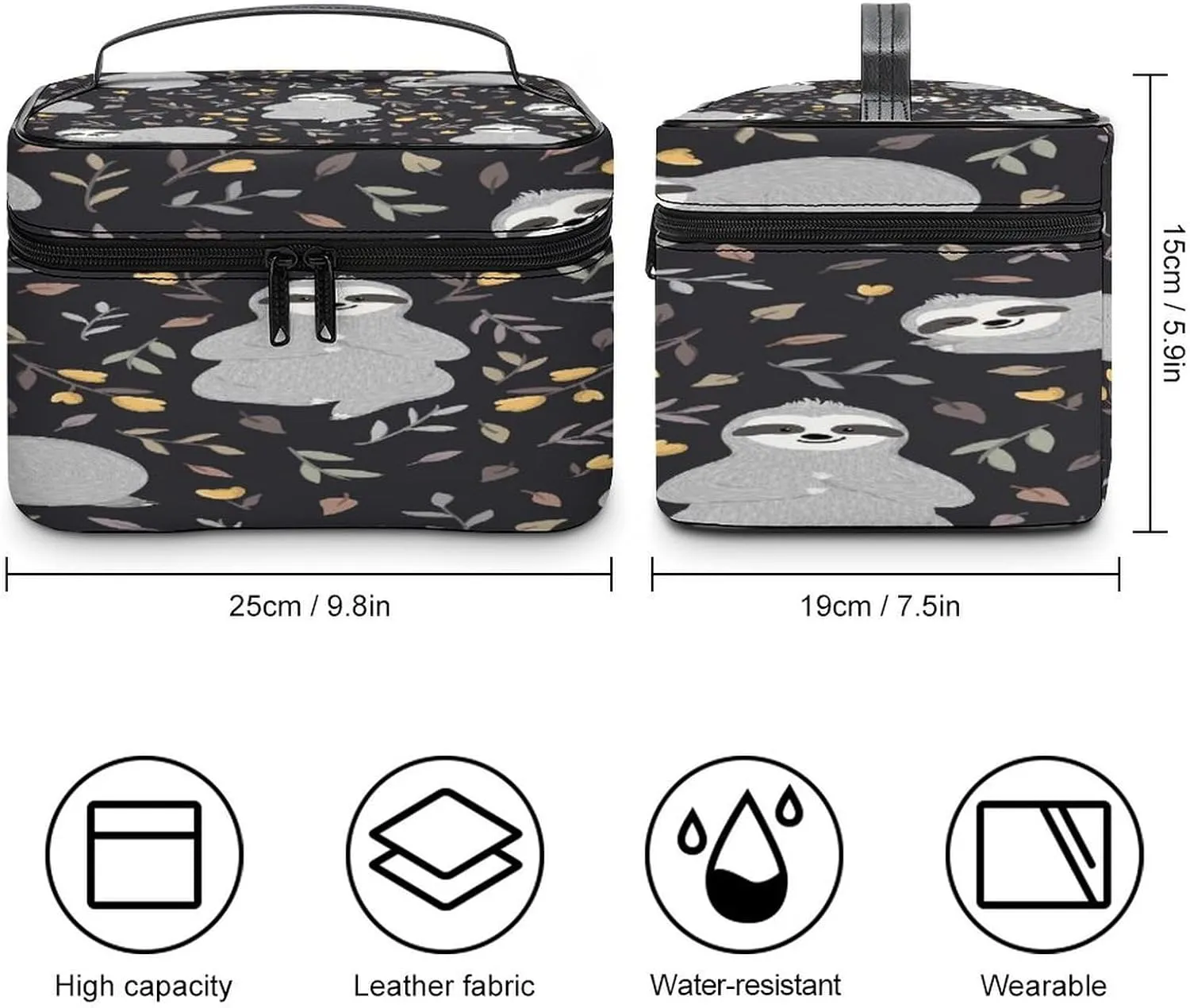 Large Women Wash Bag, Cosmetic Organizer Train Toiletry Storage Case Holder Zipper Makeup Bag Pouch 9.8x7.5x5.9 in Print Grey Sloths Floral Flowers On Black