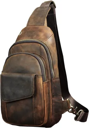 Le'aokuu Men Outdoor Casual Travel Hiking Tea Crossbody Chest Sling Bag Rig One Shoulder Strap Bag Backpack Men Leather