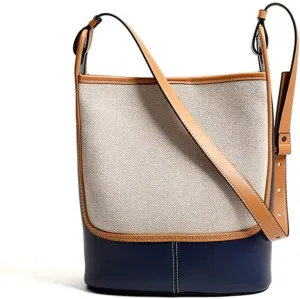 Leather Canvas Bucket Bag Female Autumn Large Capacity Bag Female Bag Single Shoulder Crossbody Bag