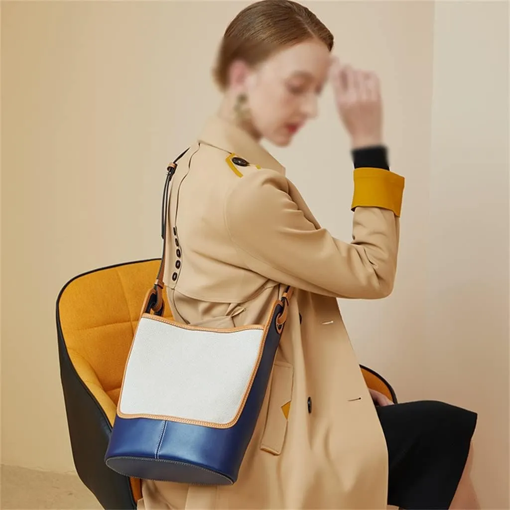 Leather Canvas Bucket Bag Female Autumn Large Capacity Bag Female Bag Single Shoulder Crossbody Bag