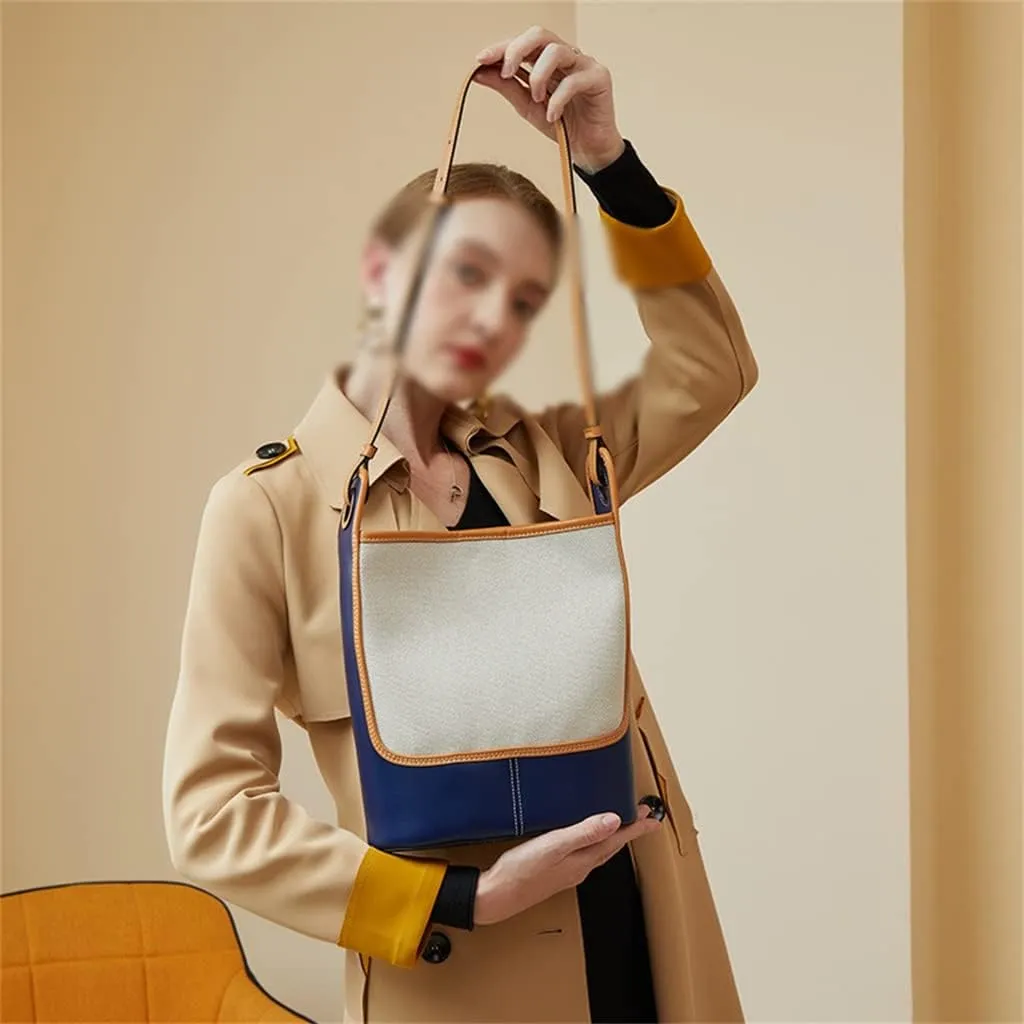 Leather Canvas Bucket Bag Female Autumn Large Capacity Bag Female Bag Single Shoulder Crossbody Bag