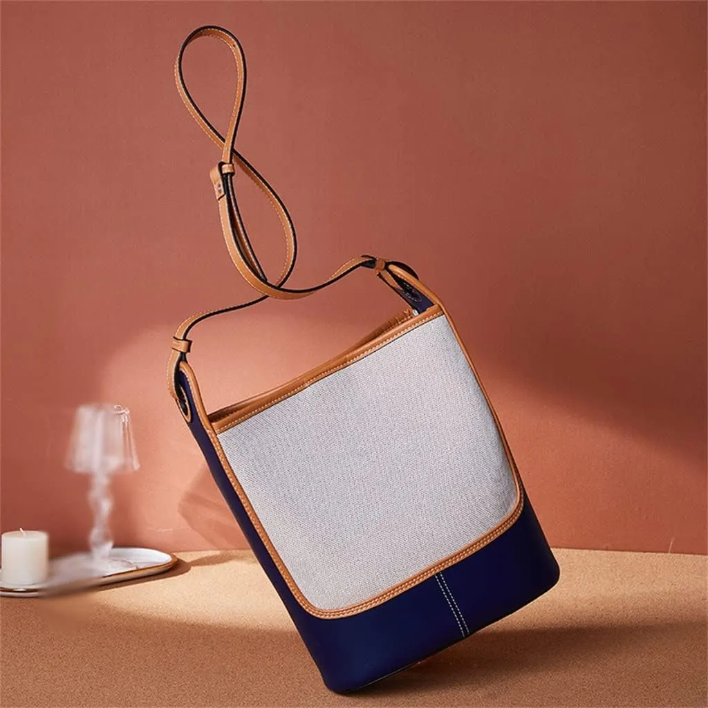 Leather Canvas Bucket Bag Female Autumn Large Capacity Bag Female Bag Single Shoulder Crossbody Bag