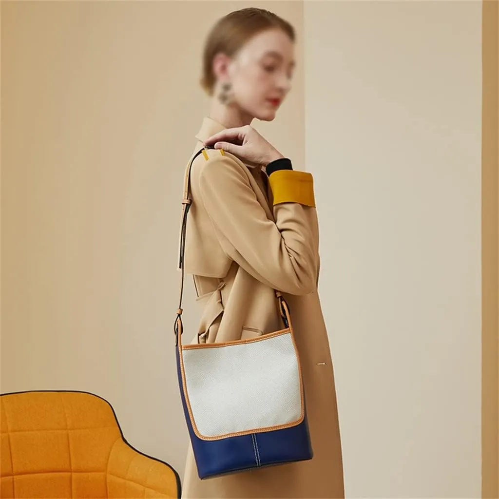 Leather Canvas Bucket Bag Female Autumn Large Capacity Bag Female Bag Single Shoulder Crossbody Bag