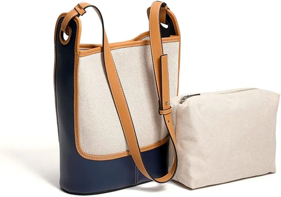 Leather Canvas Bucket Bag Female Autumn Large Capacity Bag Female Bag Single Shoulder Crossbody Bag