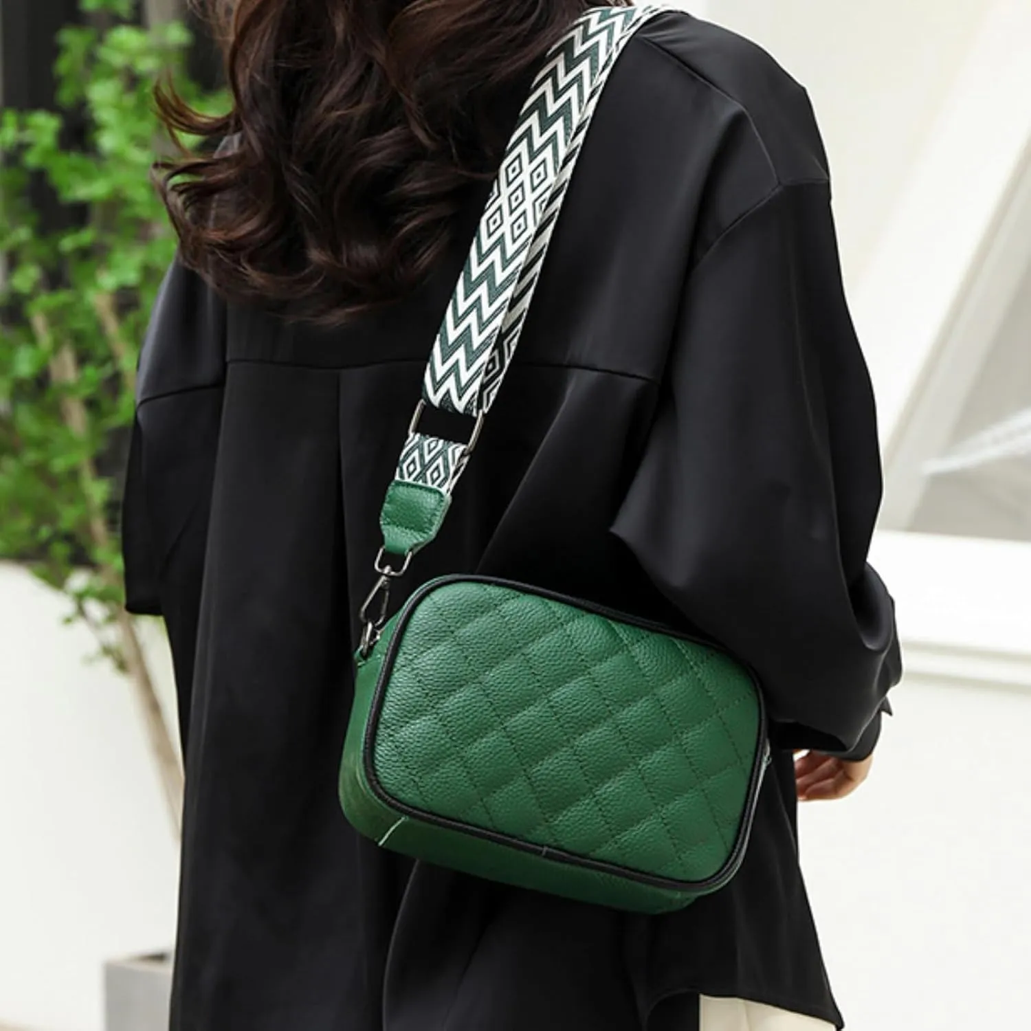 Leather Crossbody Bag for Women, Small Purse Shoulder Bag with Wide Strap, Zipper Pocket, Crossbody Handbag for Women