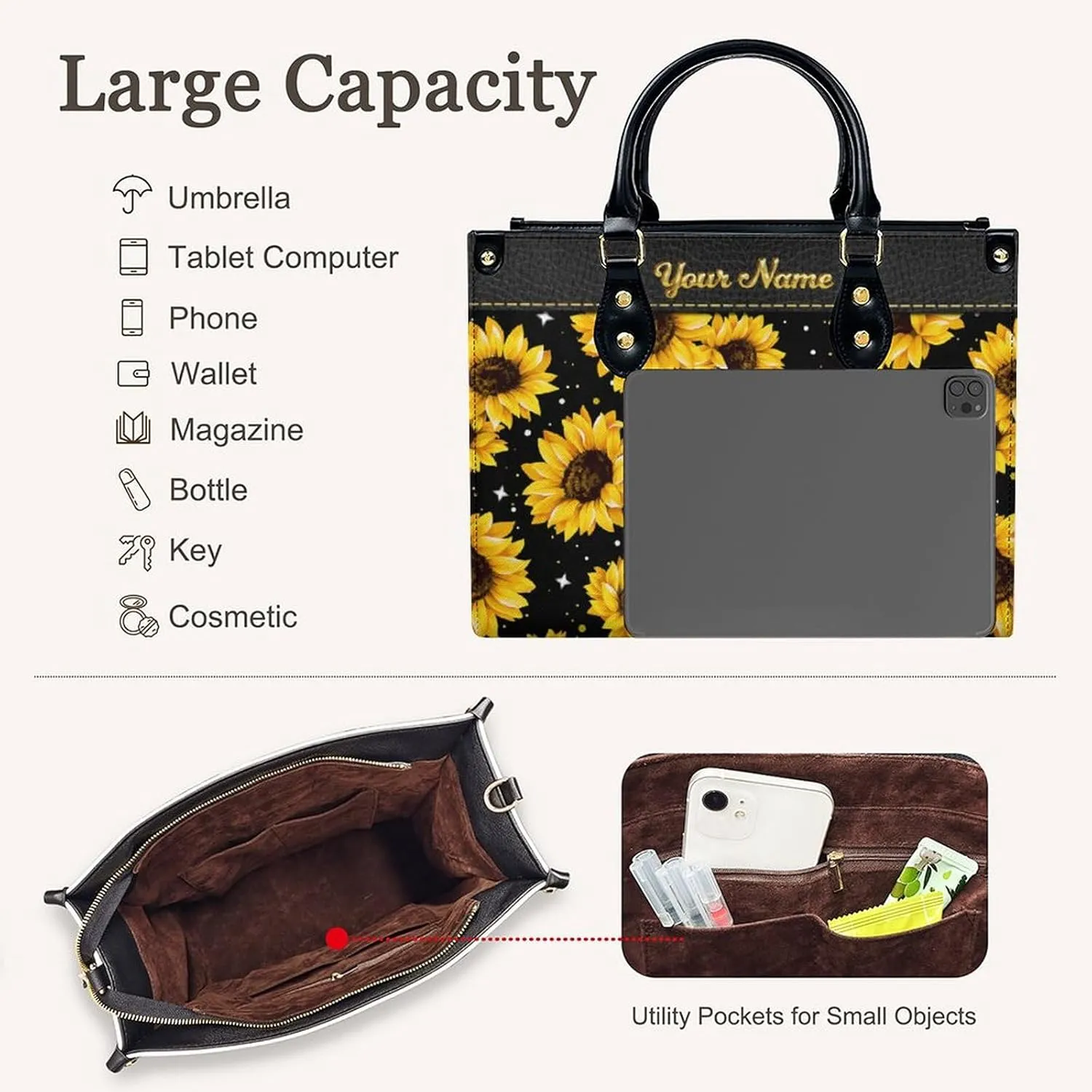 Leather Handbag for Women, Fashion Casual Sunflower Crossbody Bag for Women Ladies Gift for Work Business Travel Shopping