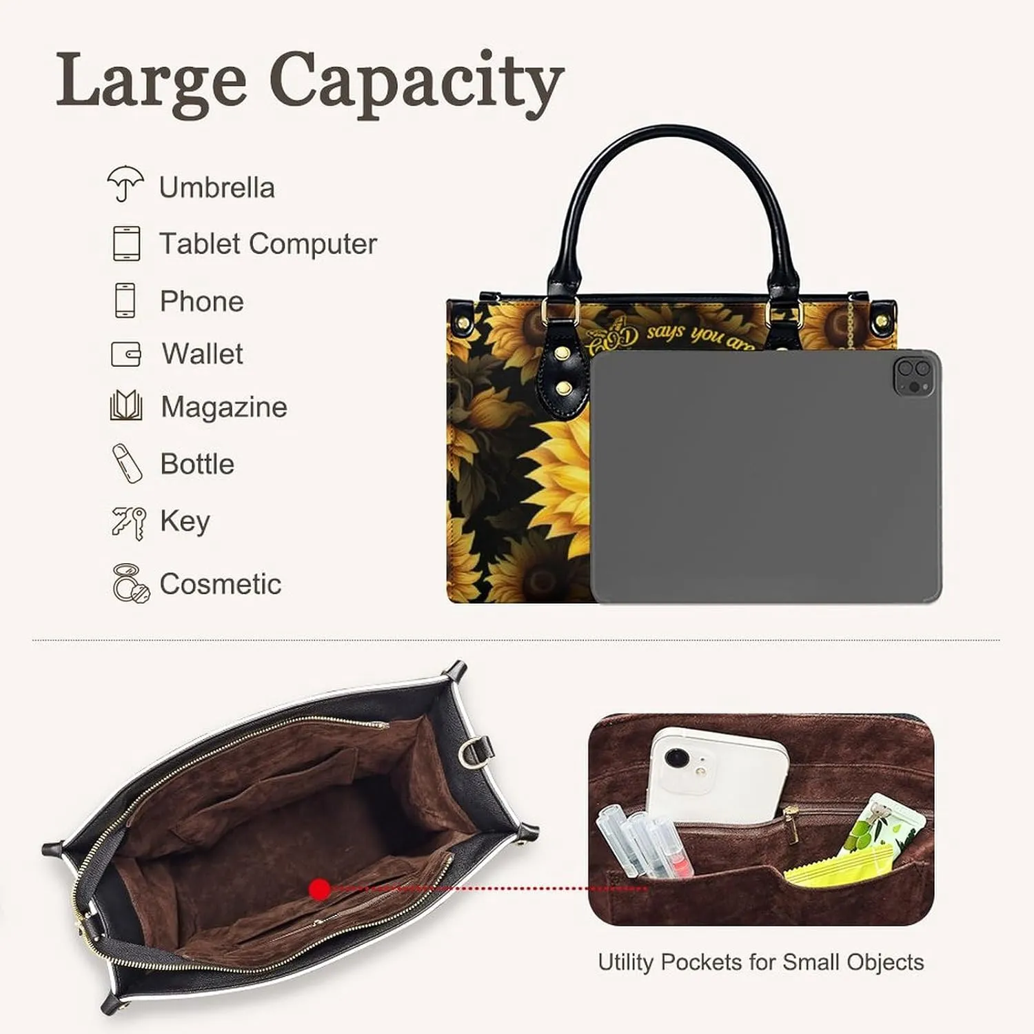 Leather Handbag for Women, Fashion Casual Sunflower Crossbody Bag for Women Ladies Gift for Work Business Travel Shopping